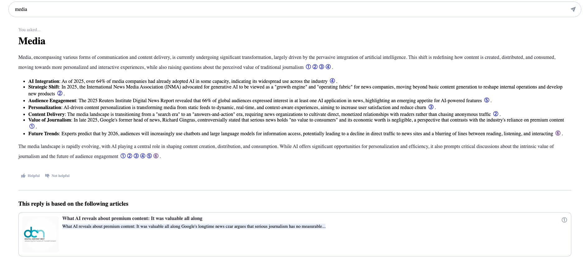 The Ask module, with an answer and its sources.